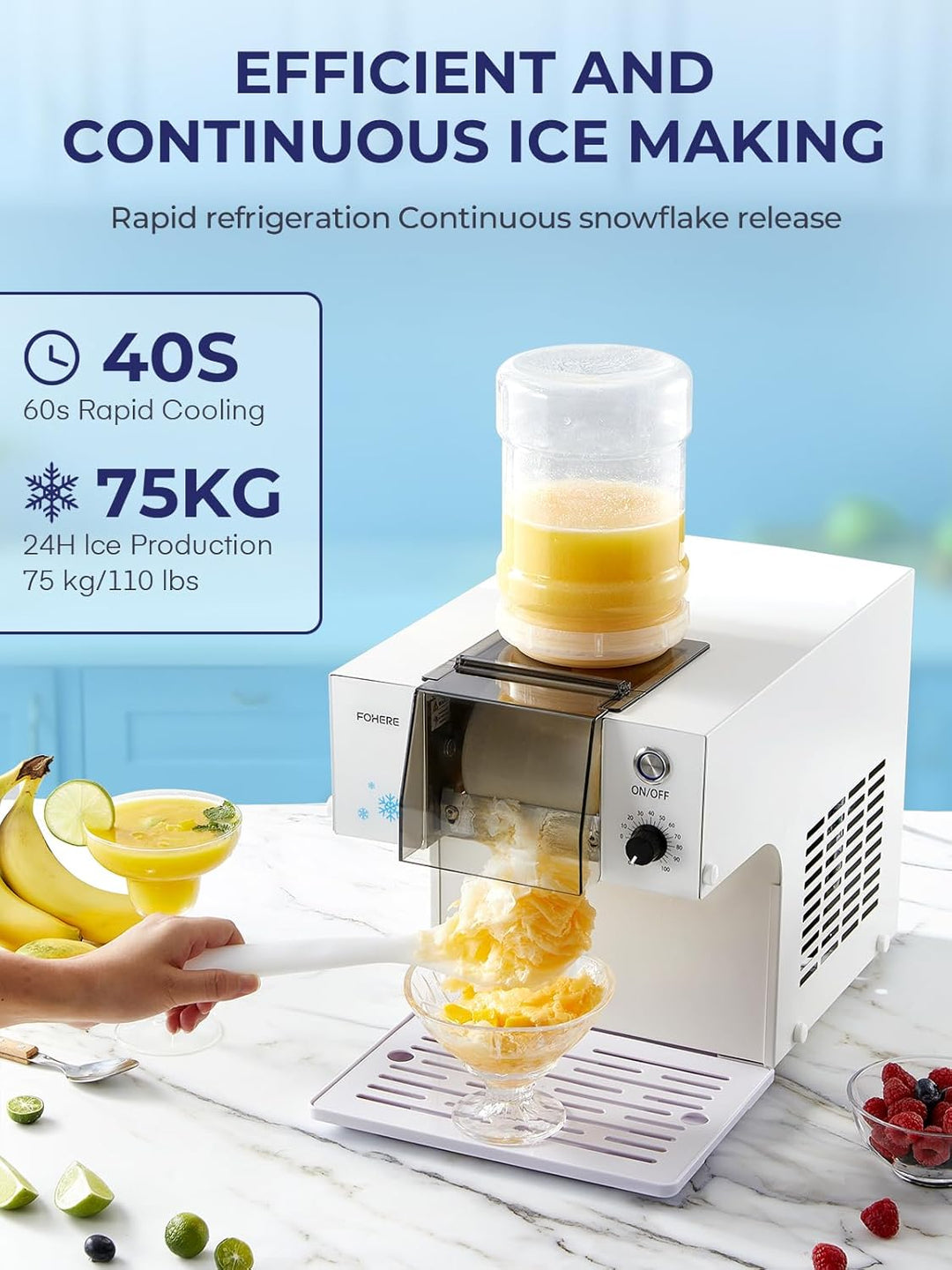 FOHERE Schneeflocken-Eismaschine Schneeeisbereiter, 60kg/24H Schneeflocken-Eismaschine Geschwindigke