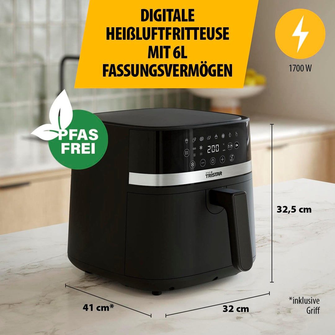 Tristar Digitale Heissluftfritteuse, 6L Kapazität, 8 Programme, LED-Touchscreen, Vorheizen & Shake-E