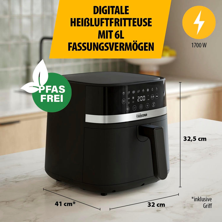Tristar Digitale Heissluftfritteuse, 6L Kapazität, 8 Programme, LED-Touchscreen, Vorheizen & Shake-E