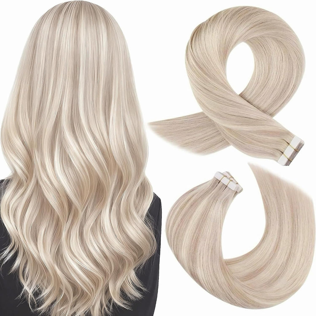 Moresoo Tape Extensions Echthaar Blond 55 cm Unsichtbare Tape in Extensions Blond Aschblond mit Plat