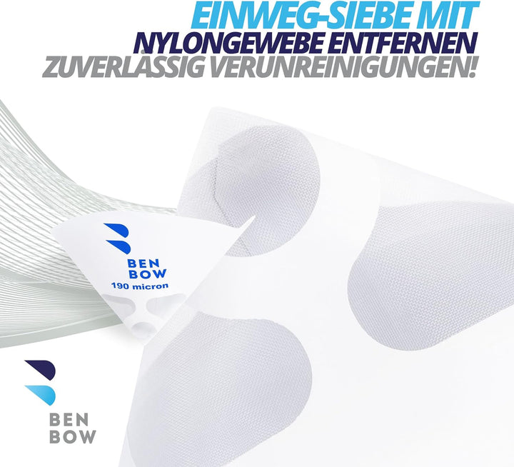 BenBow Lacksieb 190µ x 1000 Stück - Einweg-Papierfilter mit Nylongewebe und praktischer Silikontrich
