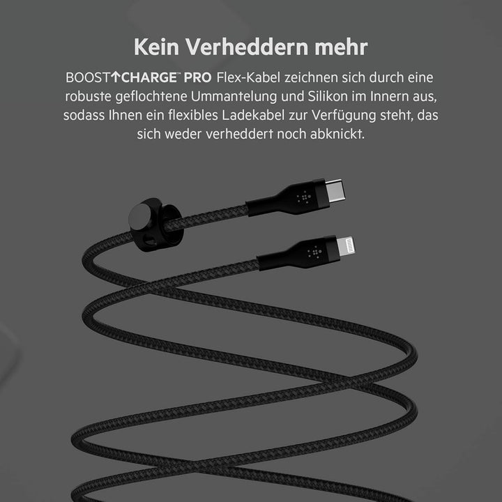 Belkin BoostCharge Pro Flex geflochtenes USB-C/Lightning-Kabel, 3 m, MFi-zertifiziert, 20 W, zum Sch
