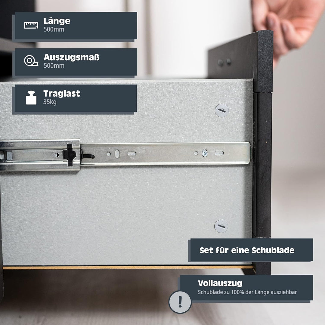 HELPMATE Schubladenschienen push-to-open Vollauszug 500 mm 1 Paar 2er Set Kugelvollauszüge Schublade