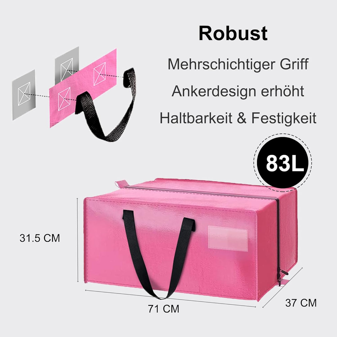 FUSHITON Pink Umzugstaschen 6er Set, Extra Grosse 83L Aufbewahrungstaschen mit Reissverschluss & Ver