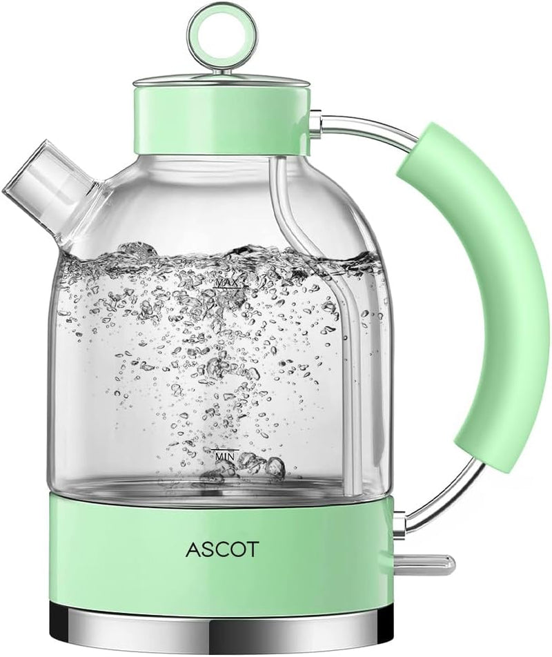 Wasserkocher Glas, ASCOT Elektrischer Wasserkocher Edelstahl, 2200W, 1,5L, leiser Schnellkochkessel,