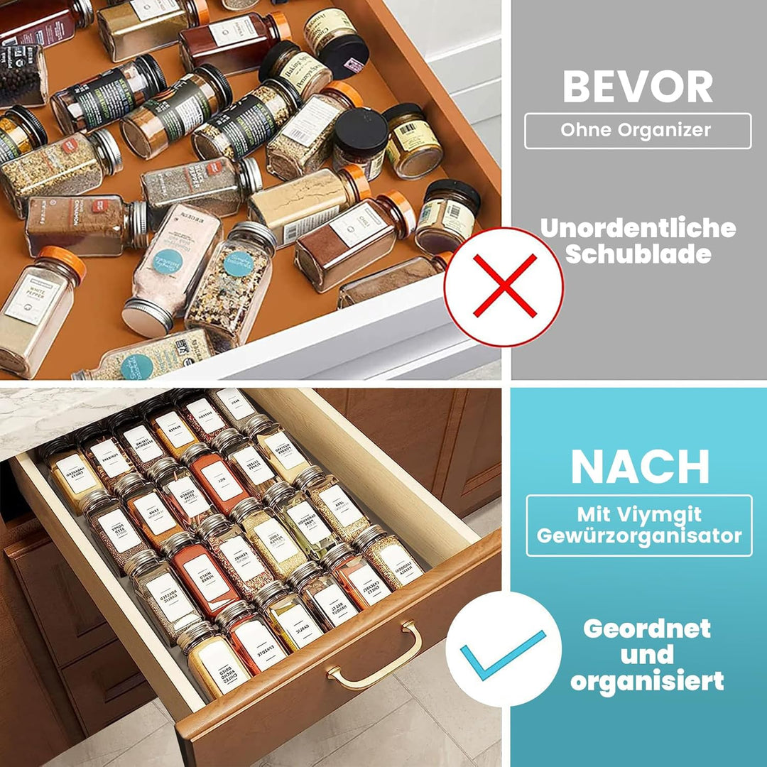 Schwarz Gewürzschubladen-Organizer mit 28 Gewürzgläsern, 348 Etiketten, Sieb- und Giessdeckeln mit l