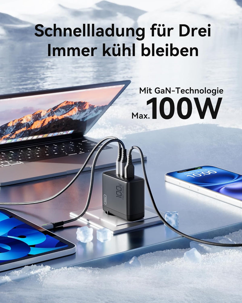 INIU 100W USB C SchnellLadegerät, (GaN Ⅲ) 3 Ports Laptop Netzteil PD PPS ladegerät Fast Charger, Kom