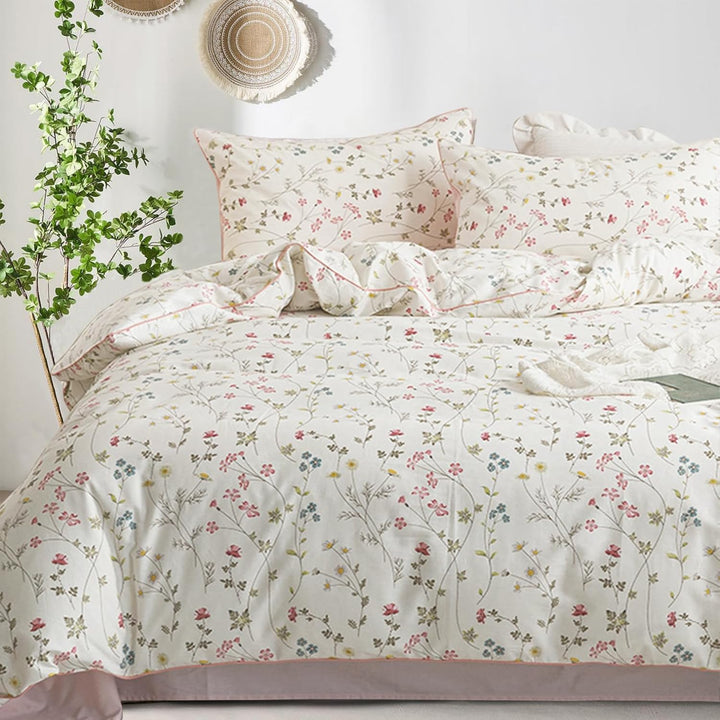 Freyamy Blumen Bettwäsche 135x200cm 2teilig Baumwolle Beige Rosa Bunt Floral Blätter Pflanzen Wende
