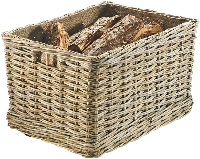 Kobolo Kaminholzwagen mit Rollen Holzkorb für Kaminholz - Rattan - mit Innenfutter aus Leinen