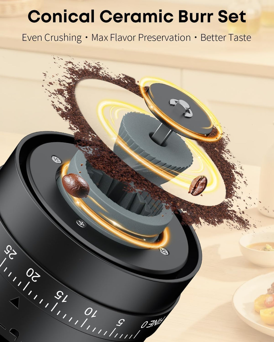 Pawfly Wiederaufladbare Kaffeemühle 40 stufig Keramikkegelmahlwerk mit Auto-Stop & Reinigungsbürste