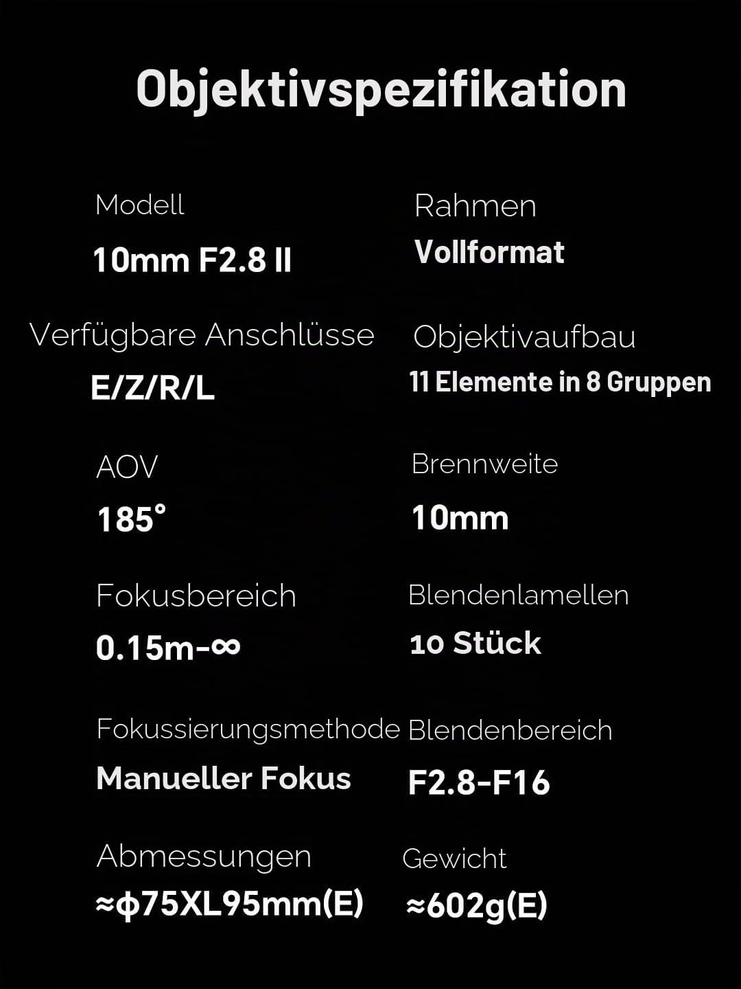 7Artisans 10mm F2.8 II für Sony E-Mount Objektiv, Ultra Weitwinkel Fisheye Objektiv Vollformat 185°
