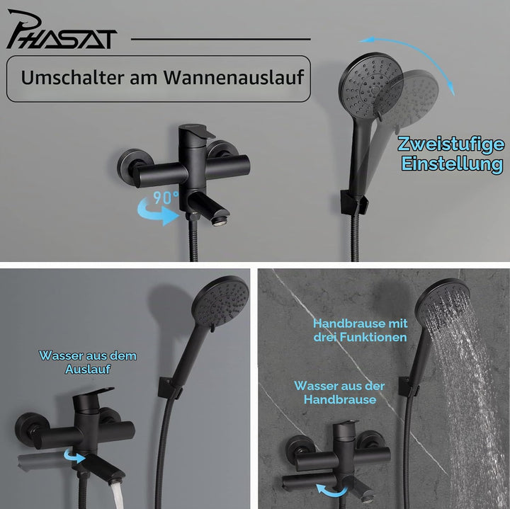 PHASAT Wandmontage Badewannenarmatur Badewannenarmaturen mit Handbrause Schwarzer Wasserhahn für Bad