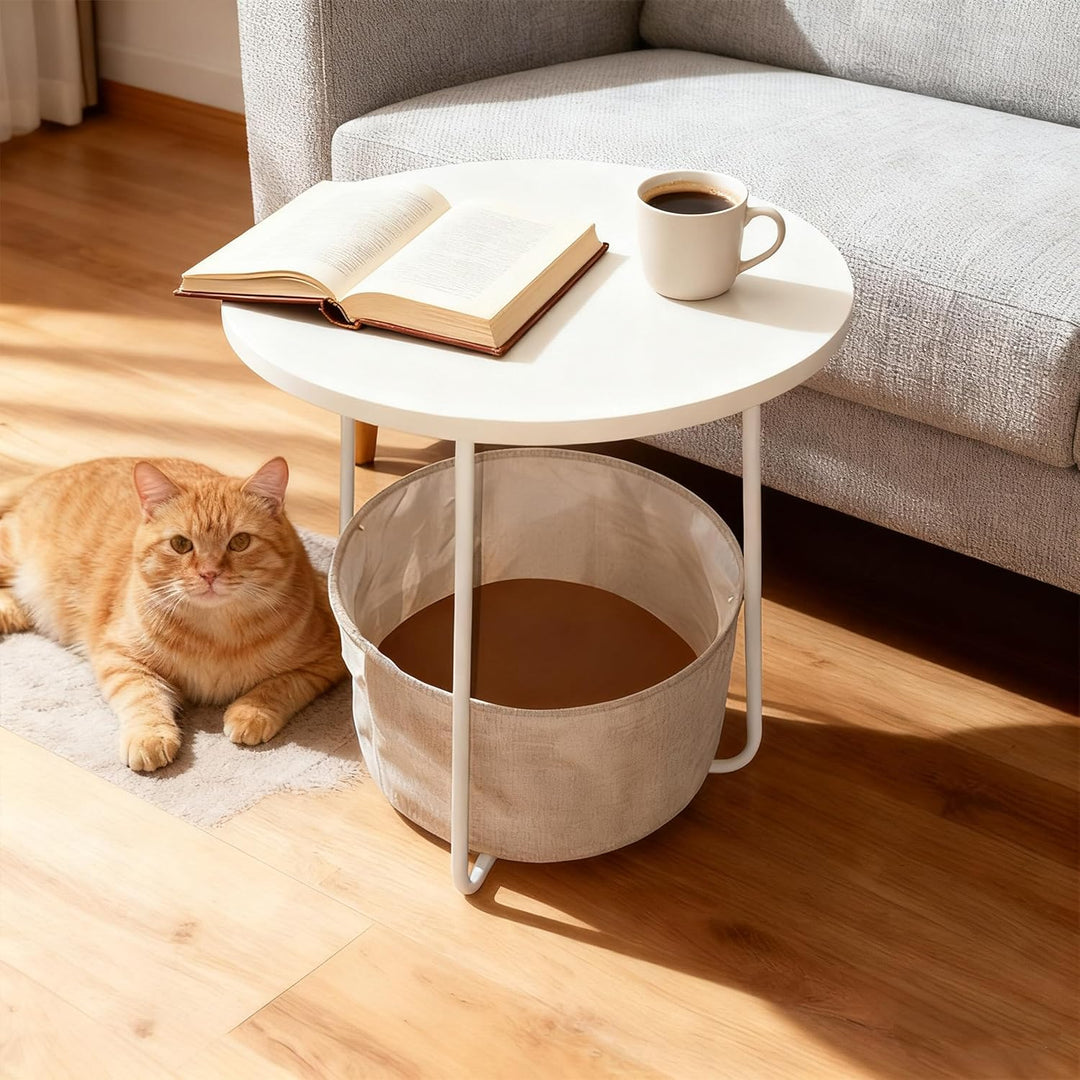 Relaxdays Beistelltisch, runder Couchtisch, mit Stoffkorb, HD 50x45 cm, Kaffeetisch Wohnzimmer, MDF