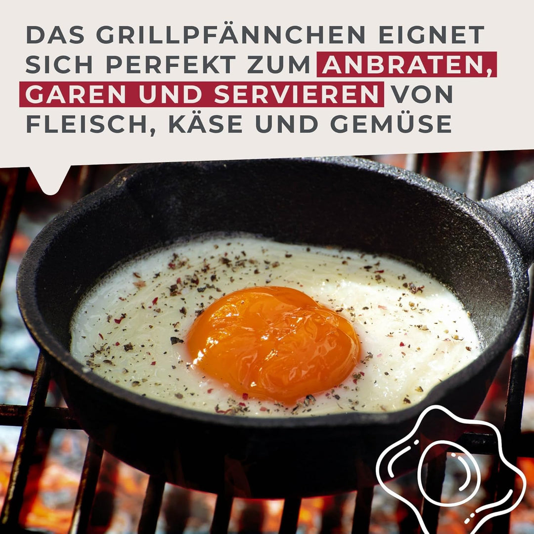 FACKELMANN Pfännchen aus Gusseisen mit praktischem Holzuntersetzer – Runde Grillpfännchen aus Guss p