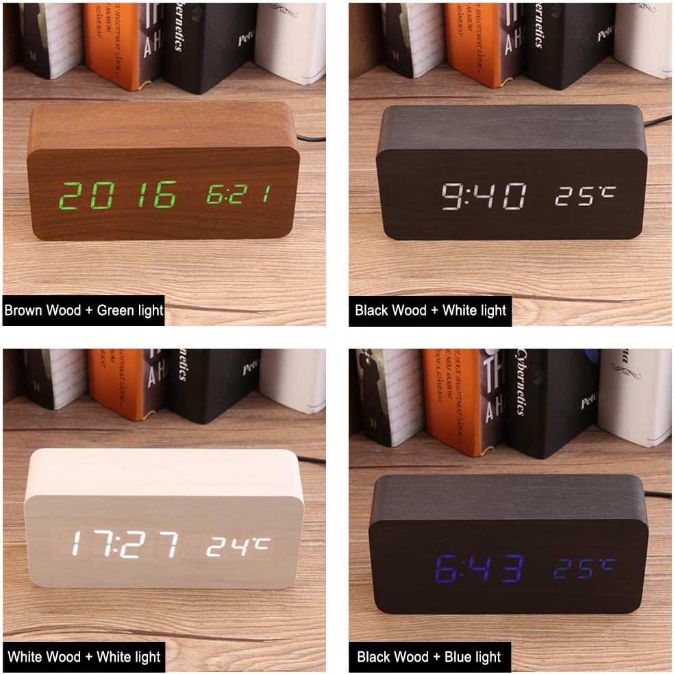 Digitaler Wecker Hölzerner, Leise LED-Anzeige Einstellbare Helligkeit/Sound Control, Tischuhr Indika