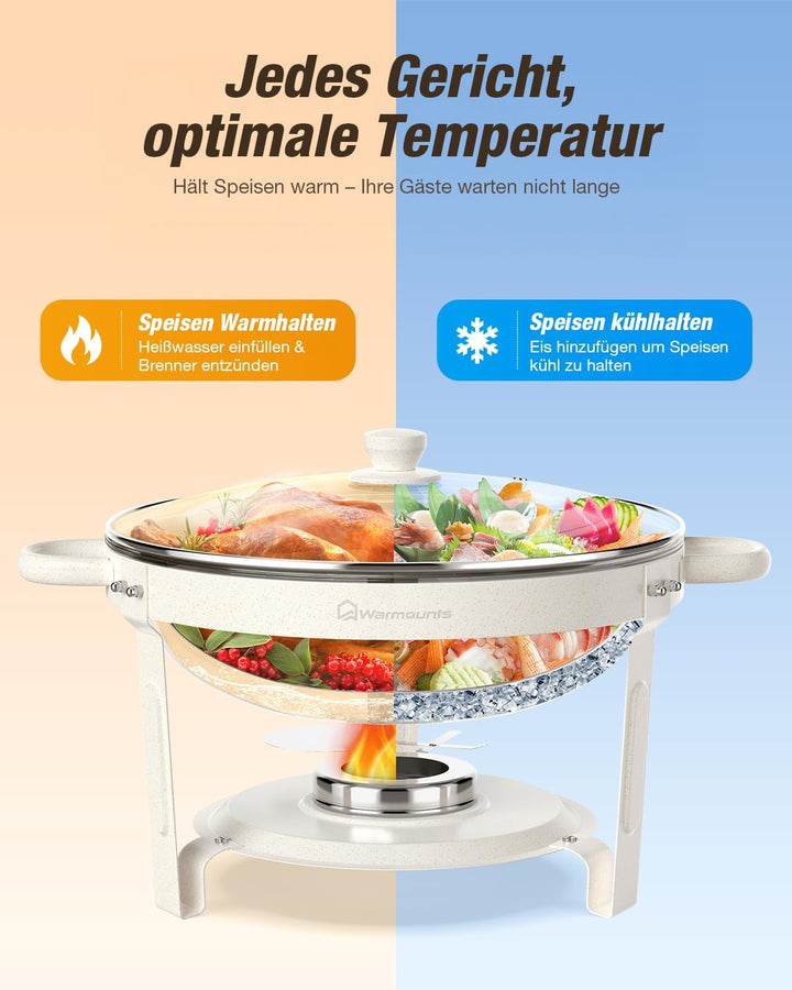 WARMOUNTS Weisse Chafing Dishes Buffet 5L 2er Set, Maifan Stein Beschichtung Rund Speisenwärmer für