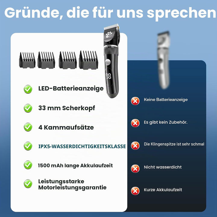 Hundeschermaschine, Hundepflegeset, 2-Gang-Geräuscharmes IPX5-wasserdichtes LED-Display, professione