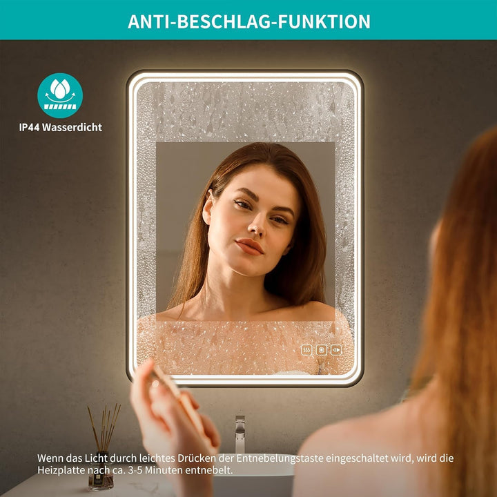 LED Badspiegel 50x70 cm mit Frontbeleuchtung, 3 Lichtfarben dimmbar, Touch-Schalter, Anti-Beschlag &