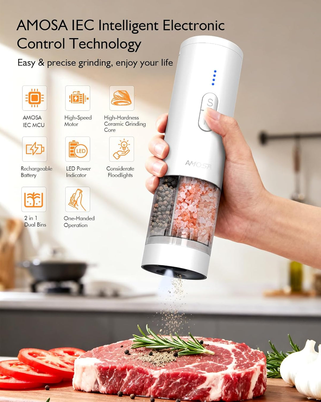 AMOSA Salz und Pfeffermühle Elektrisch, 2-in-1 Doppelbehälter USB Aufladbar, Nachfüllbar Automatisch