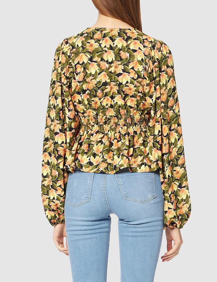 NA-KD Damen Smocked Waist Blouse Bluse 38 Orangefarbene Blume, 38 Orangefarbene Blume