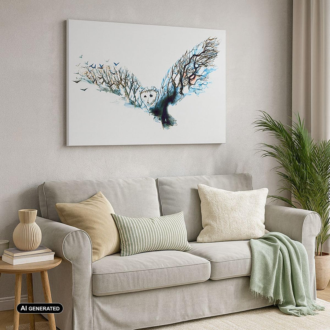Bilder auf Leinwand 100x70cm Leinwandbild mit Rahmen Eule wild Wald Flug Gross Wanddeko Bild Schlafz