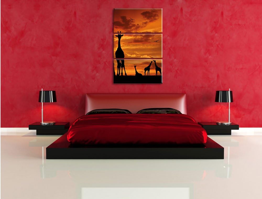 Pixxprint Afrika Giraffen im Sonnenuntergang 3-Teiler Leinwandbild 120x80 Bild auf Leinwand