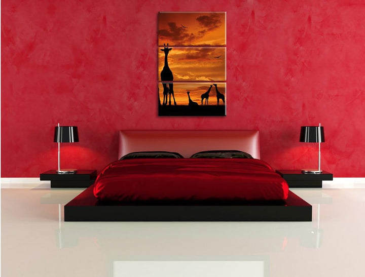 Pixxprint Afrika Giraffen im Sonnenuntergang 3-Teiler Leinwandbild 120x80 Bild auf Leinwand