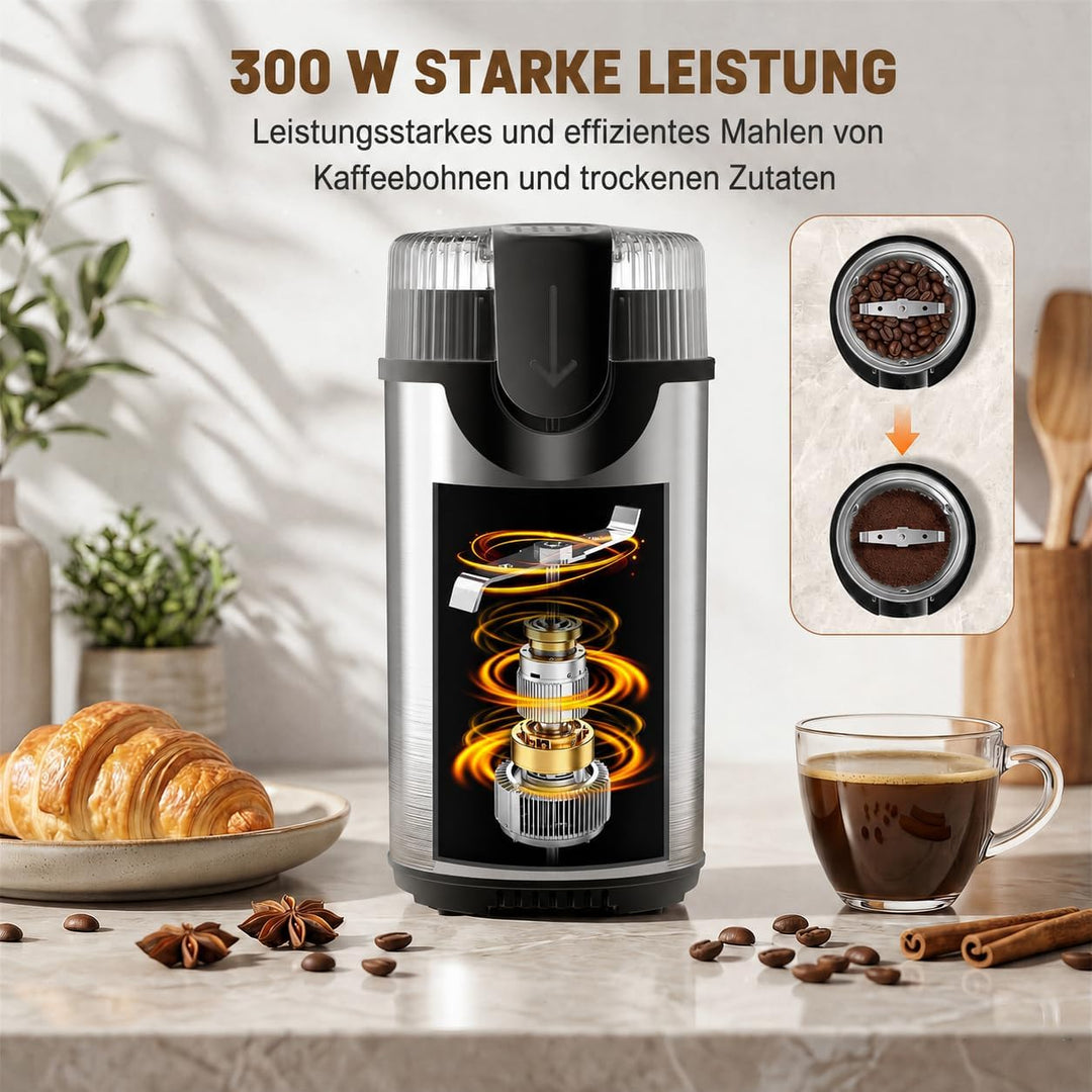 Kaffeemühle 300W Kaffeemühle Elektrisch und Gewürzkapazität bis zu 80 g Kaffeebohnen Klingen aus ros