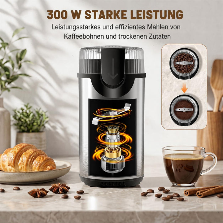 Kaffeemühle 300W Kaffeemühle Elektrisch und Gewürzkapazität bis zu 80 g Kaffeebohnen Klingen aus ros