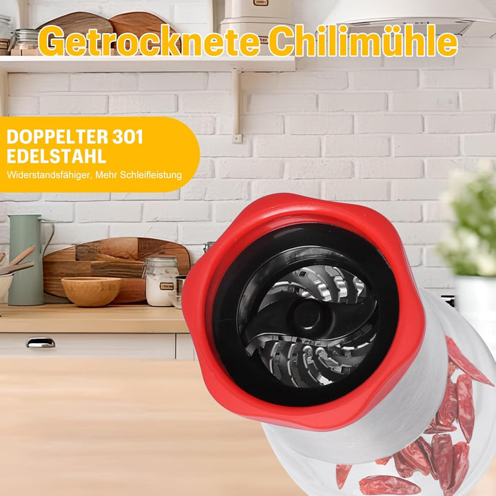 Chilimühle Edelstahl & Glas,Chilischneider für Getrocknete Chilis und Grobe Gewürze,Gewürzschneider