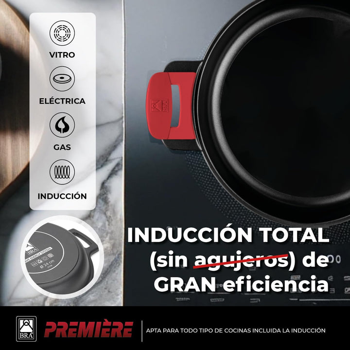 BRA Premiere | Niedriger Schmortopf 28 cm, Aluminiumguss, dreischichtig, verstärkte Antihaftbeschich