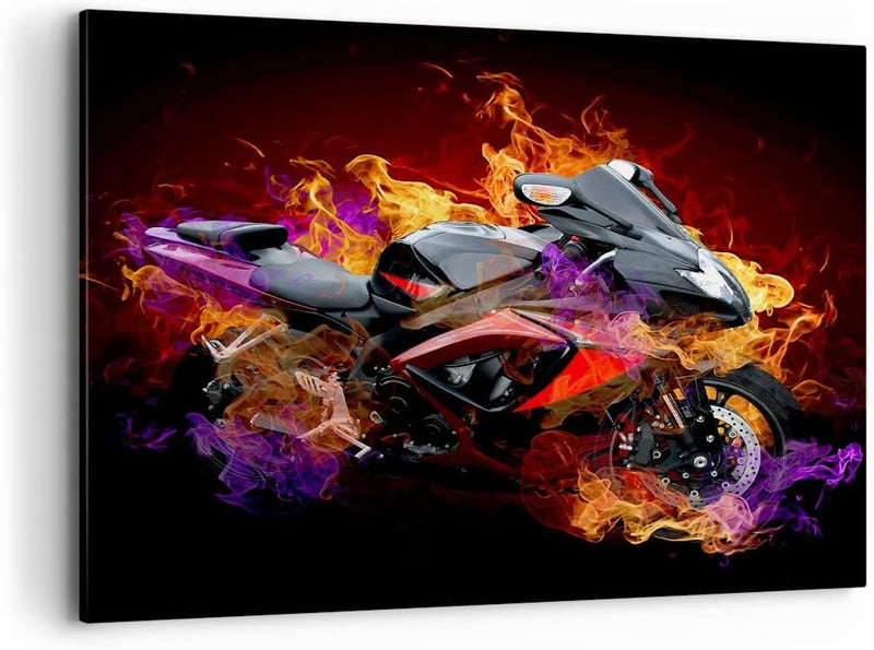 Bilder auf Leinwand 100x70cm Leinwandbild Motorrad Feuer Abstraktion Gross Wanddeko Bild Schlafzimme