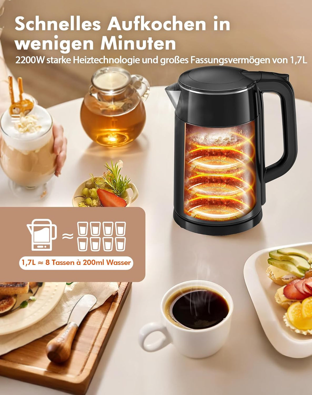 Wasserkocher mit Temperatureinstellung 1,7L 2200W Edelstahl Wasserkocher Schwarz mit 6 Temperaturstu