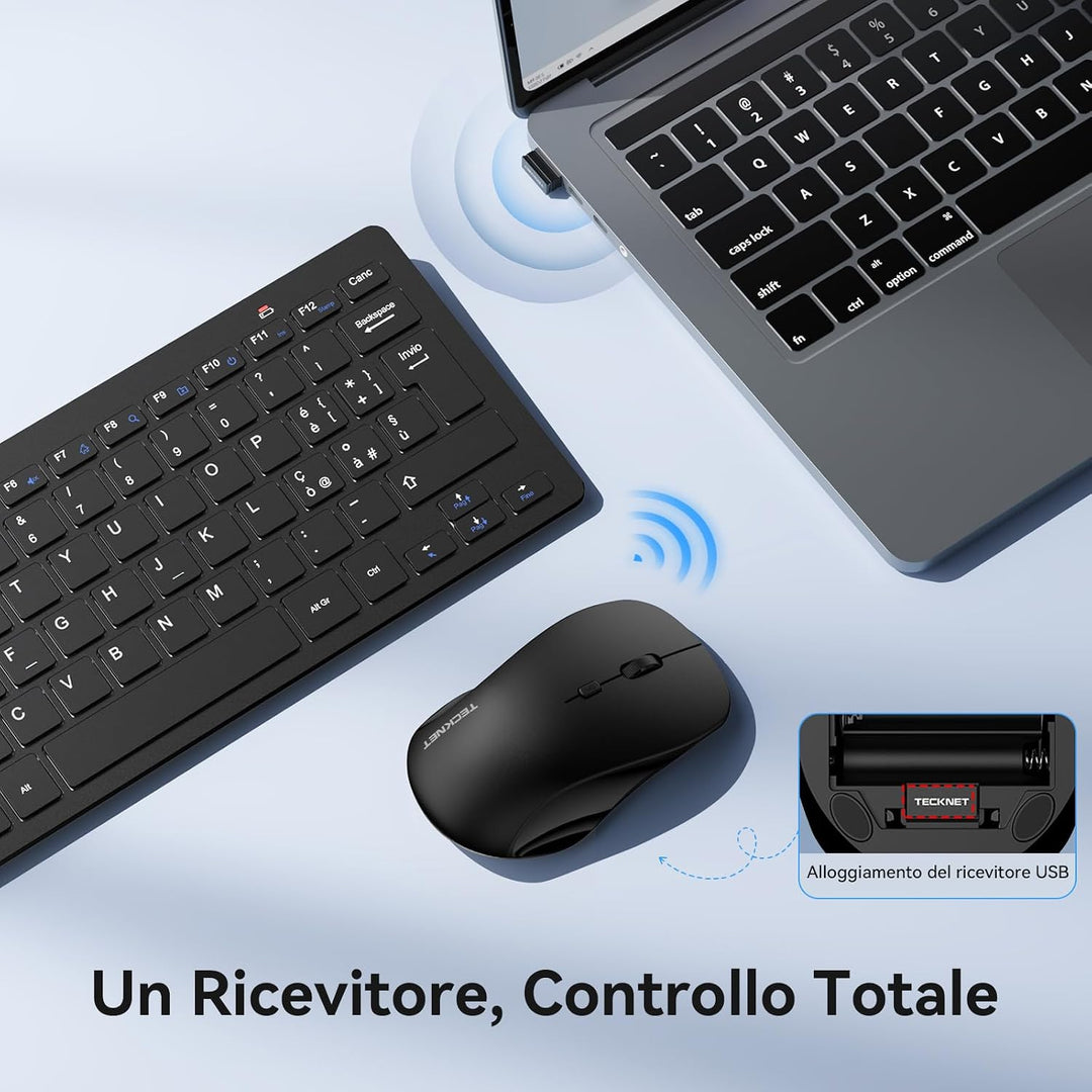 TECKNET Italienische QWERTY-Tastatur und Maus, 2.4G kabellose Tastatur und leise Maus mit Nano-USB-E