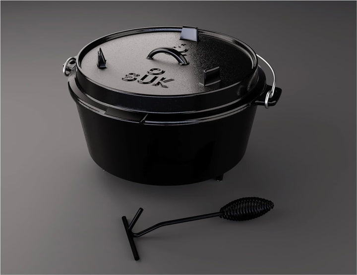 SOUK ONE Dutch Oven Set - Eingebrannter Gusstopf mit Füssen Feuertopf aus Gusseisen mit praktischem