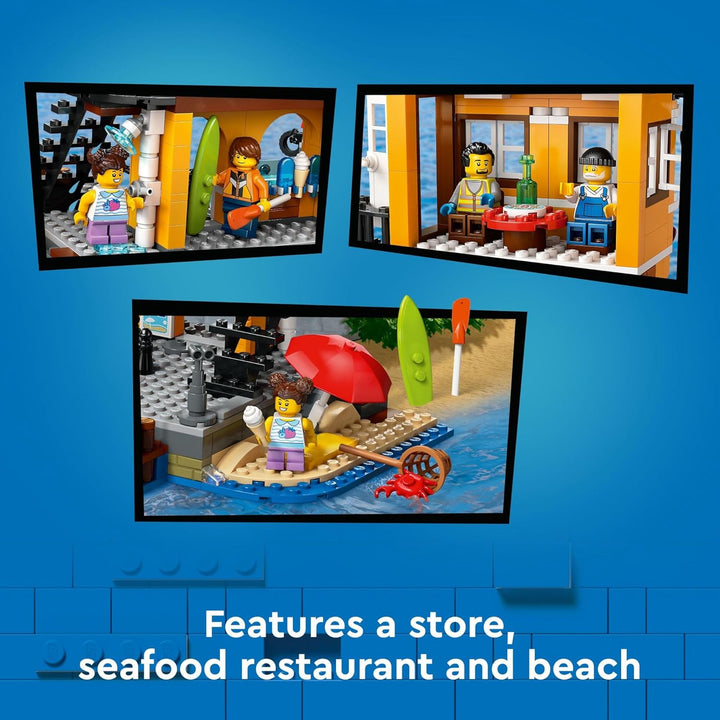 LEGO City Seaside Harbor mit Frachtschiff-Spielzeug, Modellcontainerkran und Boot mit 8 Minifiguren