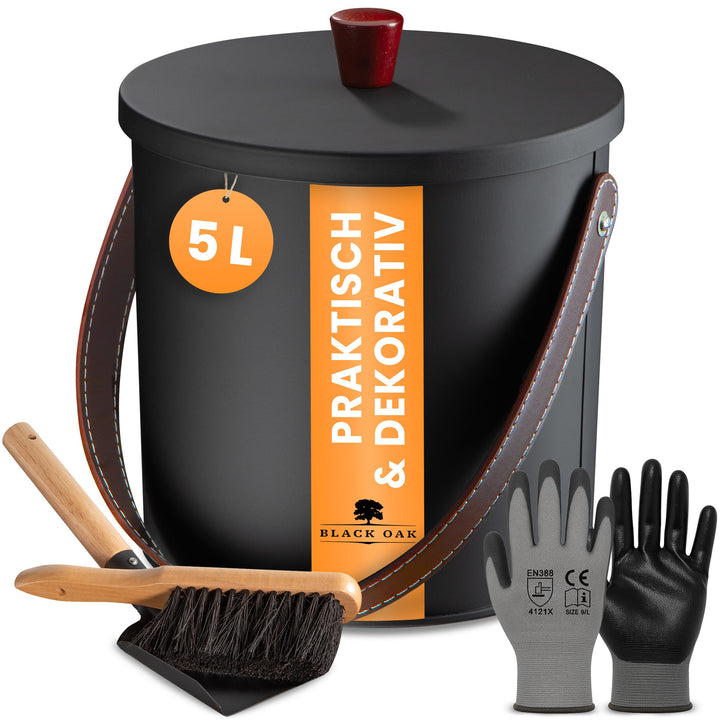 BLACK OAK Ascheeimer TOBA 5L - schwarz mit Deckel mit Holzknauf + Feger + Schaufel & Handschuhen - 5