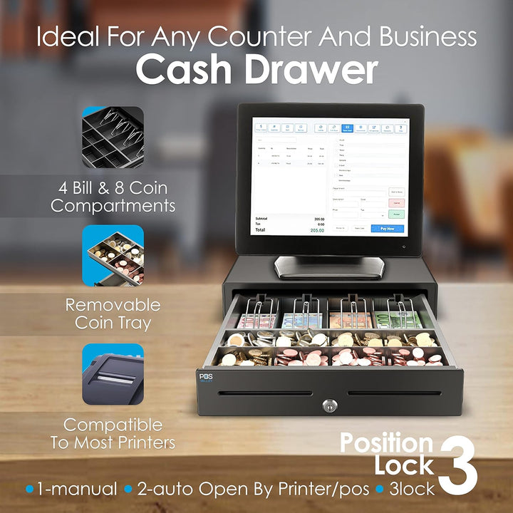 Kassenschublade - Professionelle, Elektrisch (RJ11-12) / Manuell Öffnen - 4 Scheinfächer / 8 grosse