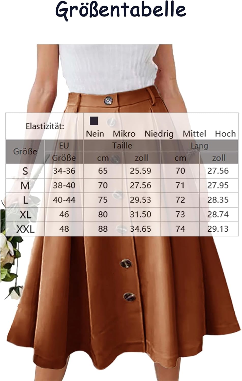 JayscreateEU Damen Rock Midirock Rock Lang Hohe Taille Rock Knielang A Linie Damen Mit Taschen Somme