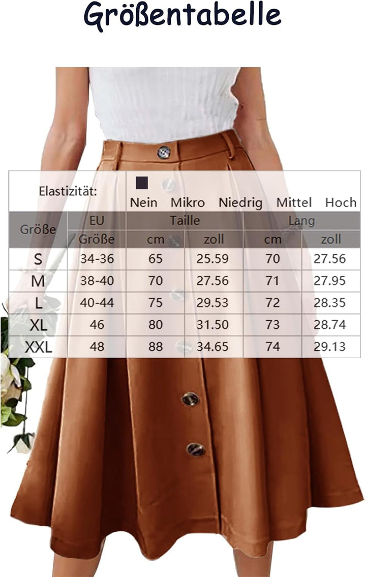 JayscreateEU Damen Rock Midirock Rock Lang Hohe Taille Rock Knielang A Linie Damen Mit Taschen Somme