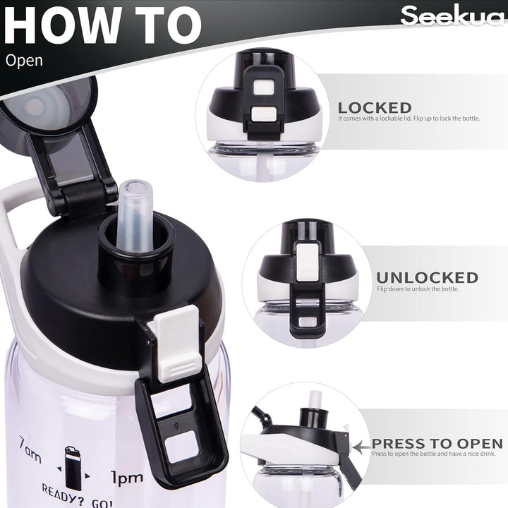 Seekua 1l Sport Trinkflasche Glas Flasche mit Strohhalm & Zeitmarkierung auslaufsicher bpa frei 1 li