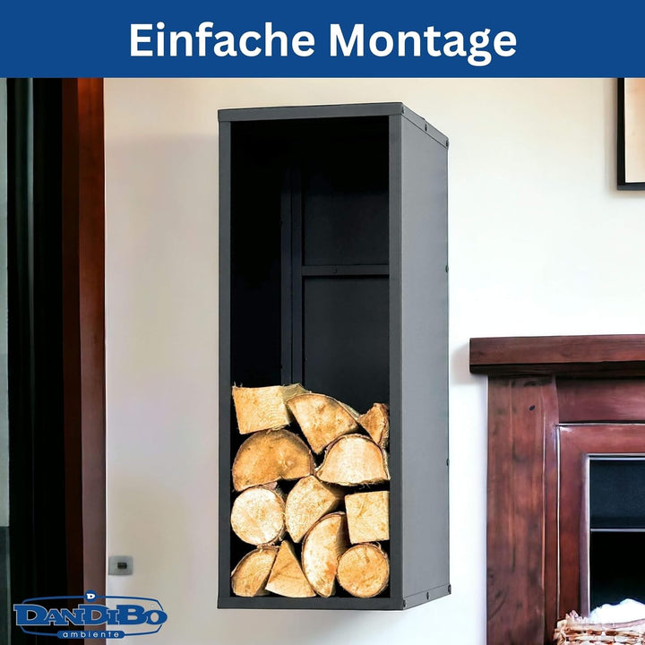 DanDiBo Kaminholzregal Wand Innen Metall Schwarz 80 cm mit Rückwand Wandmontage Hängend Kaminholzstä