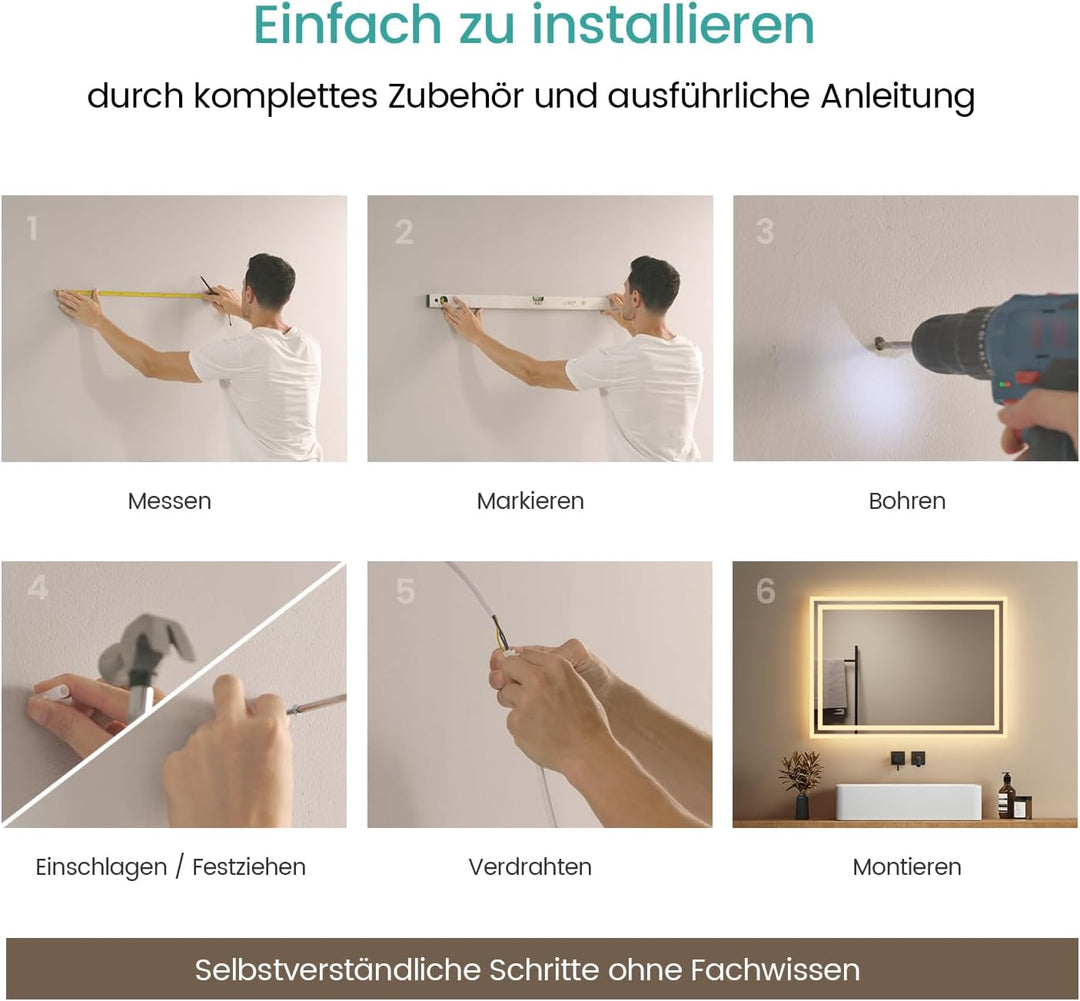 EMKE Badspiegel mit Beleuchtung 80x60cm, Badezimmerspiegel mit Warmweiss Licht 3000K, Wandschalter,