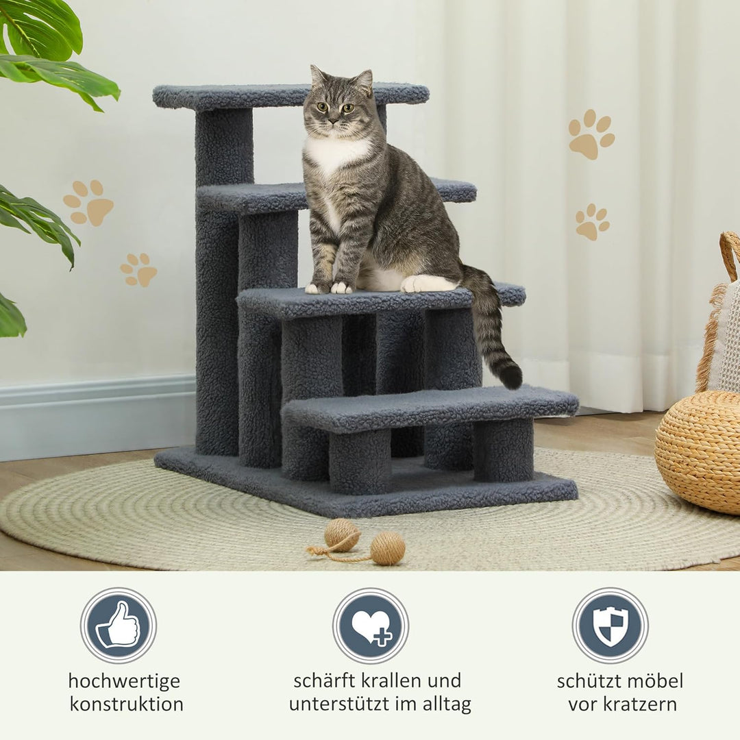 PawHut Tiertreppe Katzentreppe Hundetreppe Treppe für Katze und Hunde 4 Stufen Grau 63,5x43x60cm, Gr