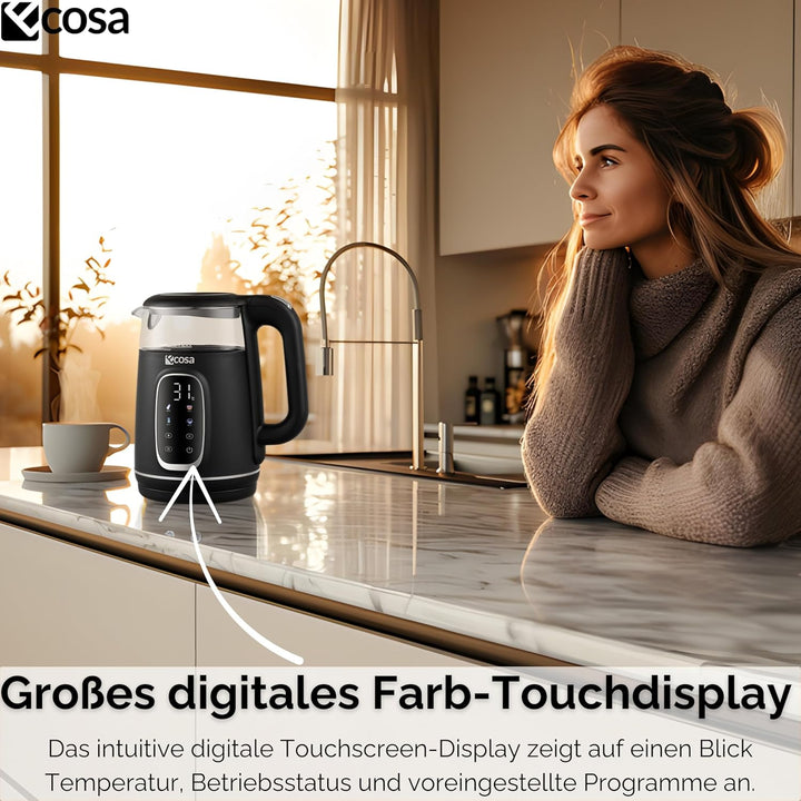 Ecosa® Wasserkocher mit Temperatureinstellung Glas Edelstahl - Teekocher - 1,7 Liter 2.200 Watt - BP