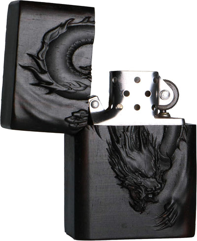 Natürliches Ebenholz Schwarz Holz geschnitzt Feuerzeug Aussengehäuse für Zippo Insert Kit (Drache 1