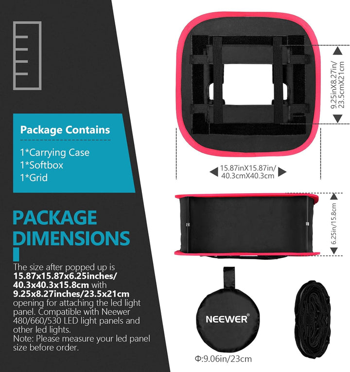 Neewer Softbox Softbox, faltbar, mit Gurt, Gitter und Tragetasche, kompatibel mit Neewer 480/660/530
