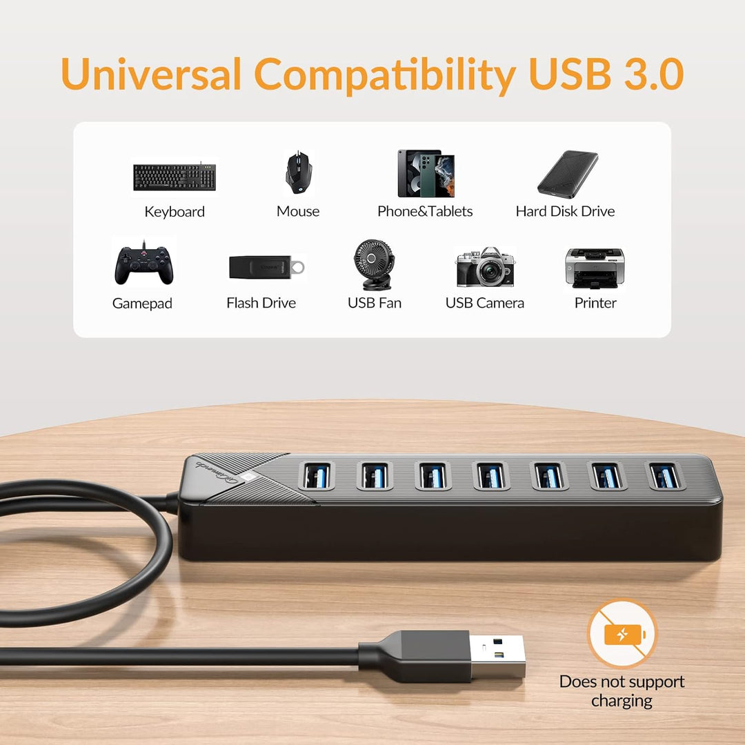 GiGimundo PG7U USB Hub 3.0, 7-Port USB Verteiler, 50CM Kabel mit 5V/3A Stromeingang, Mehrfach USB St