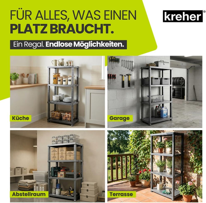 Kreher® Kunststoffregal „Neo“ mit 4 Böden - Steckregal für Haushalt, Keller &amp; Garage - Standregal, L