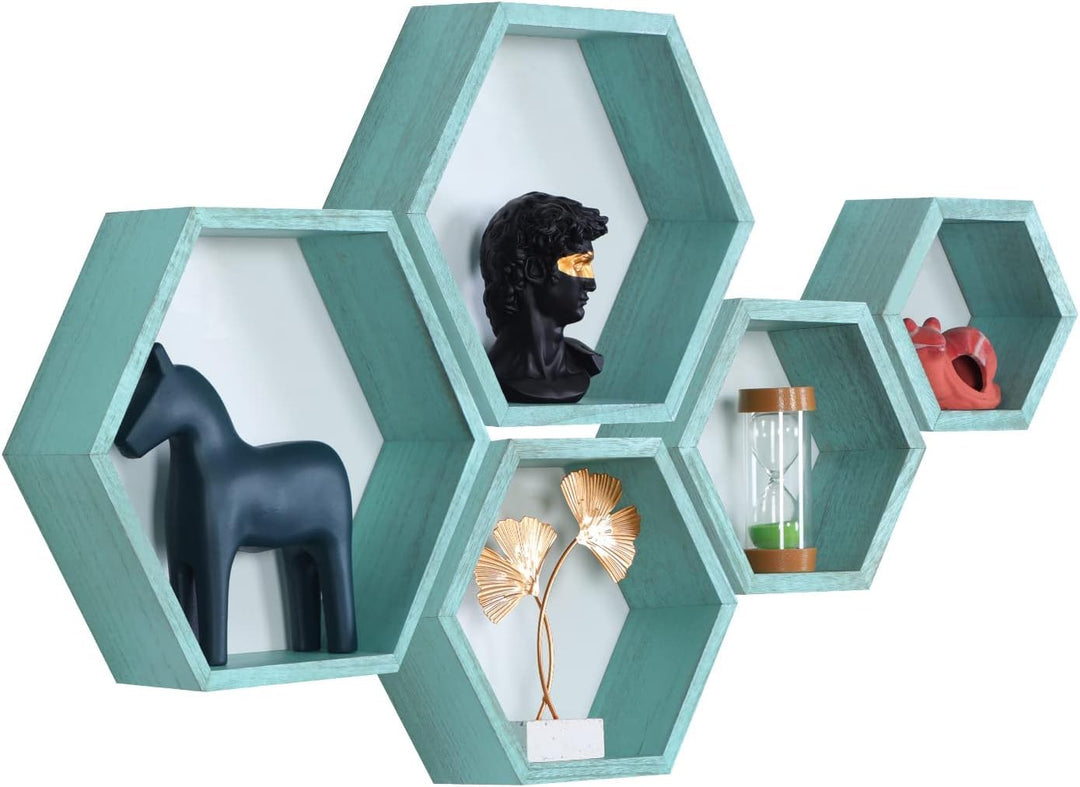 MITREL Hexagon Wandregal, Wohnzimmer Deko Wand, Holz Hängeregal für Schlafzimmer, 5er-Set(Blau) 5 St